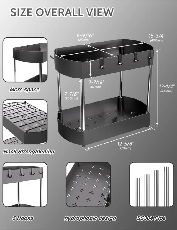 SANKEYTEW 2 Pack Under Sink Storage Kitchen Organiser 2 Tier Multi-Purpose Black - Image 4