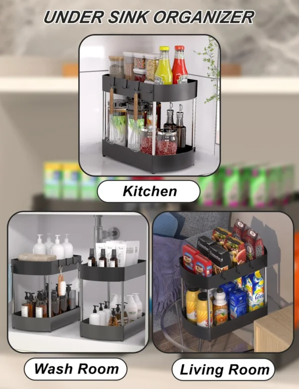 SANKEYTEW 2 Pack Under Sink Storage Kitchen Organiser 2 Tier Multi-Purpose Black - Image 5