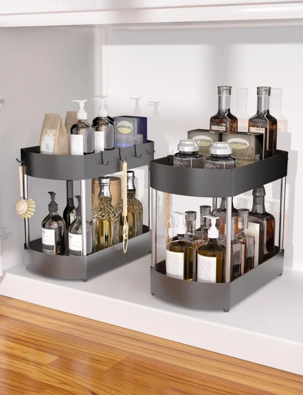 SANKEYTEW 2 Pack Under Sink Storage Kitchen Organiser 2 Tier Multi-Purpose Black